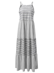 Light gray tiered maxi dress with horizontal and vertical stripe patterns and cami straps.