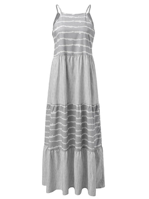 Light gray tiered maxi dress with horizontal and vertical stripe patterns and cami straps.