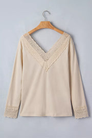 Lace Trim V Neck Long Sleeve Patchwork Shirt, fabric detail