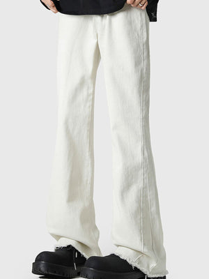 Men's white 100% cotton flare jeans with raw hem detail.