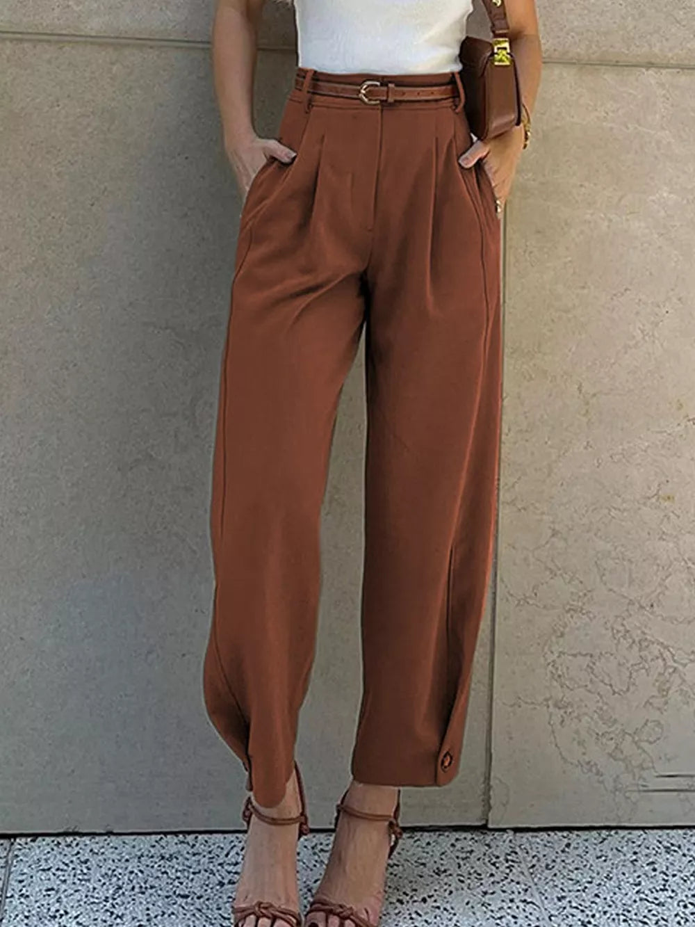 High-waisted Pleated Pants in Brown, view 13