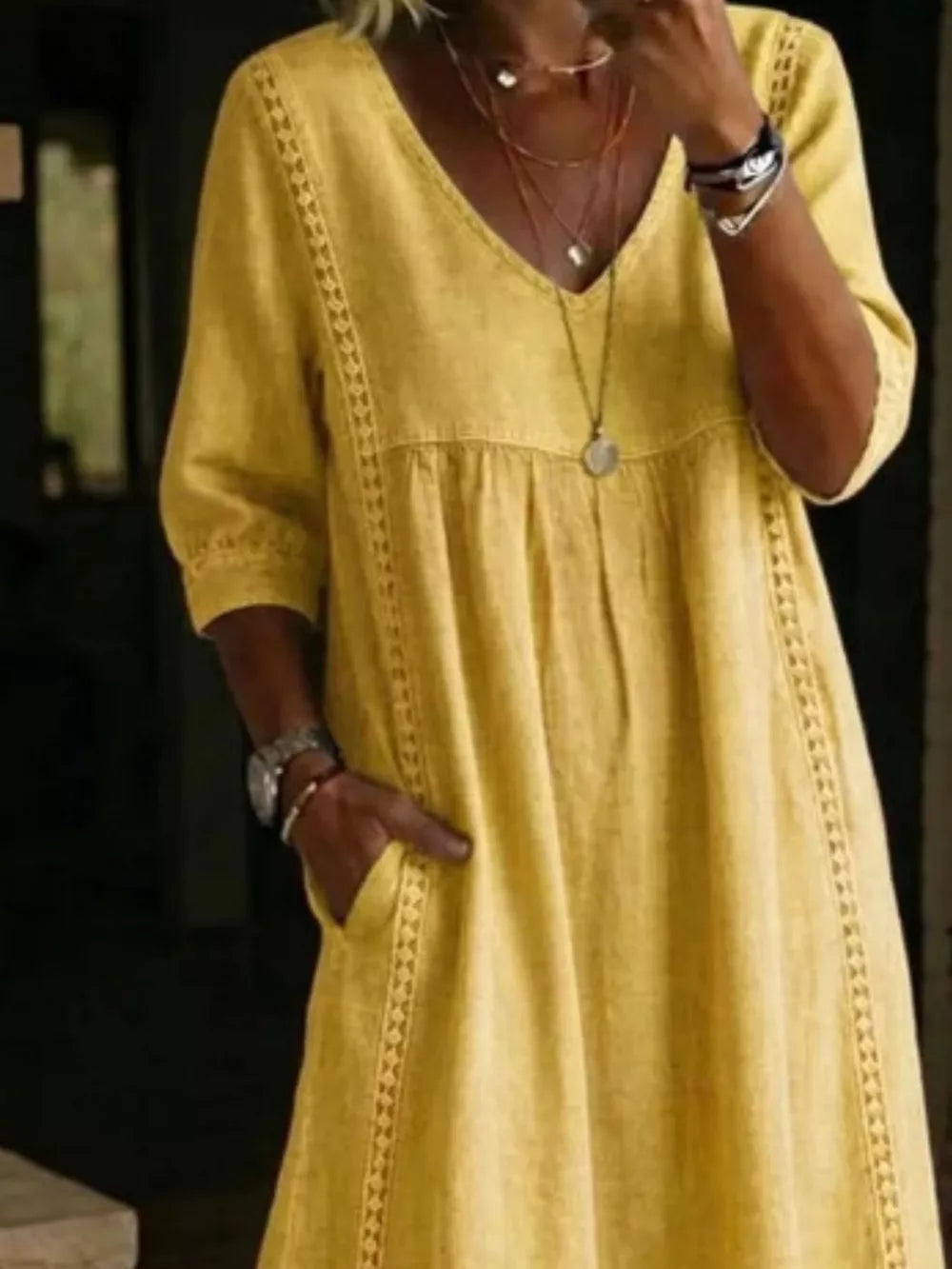 Full Size V-neck 3/4 Sleeve Midi Dress Plus Size, model styling view