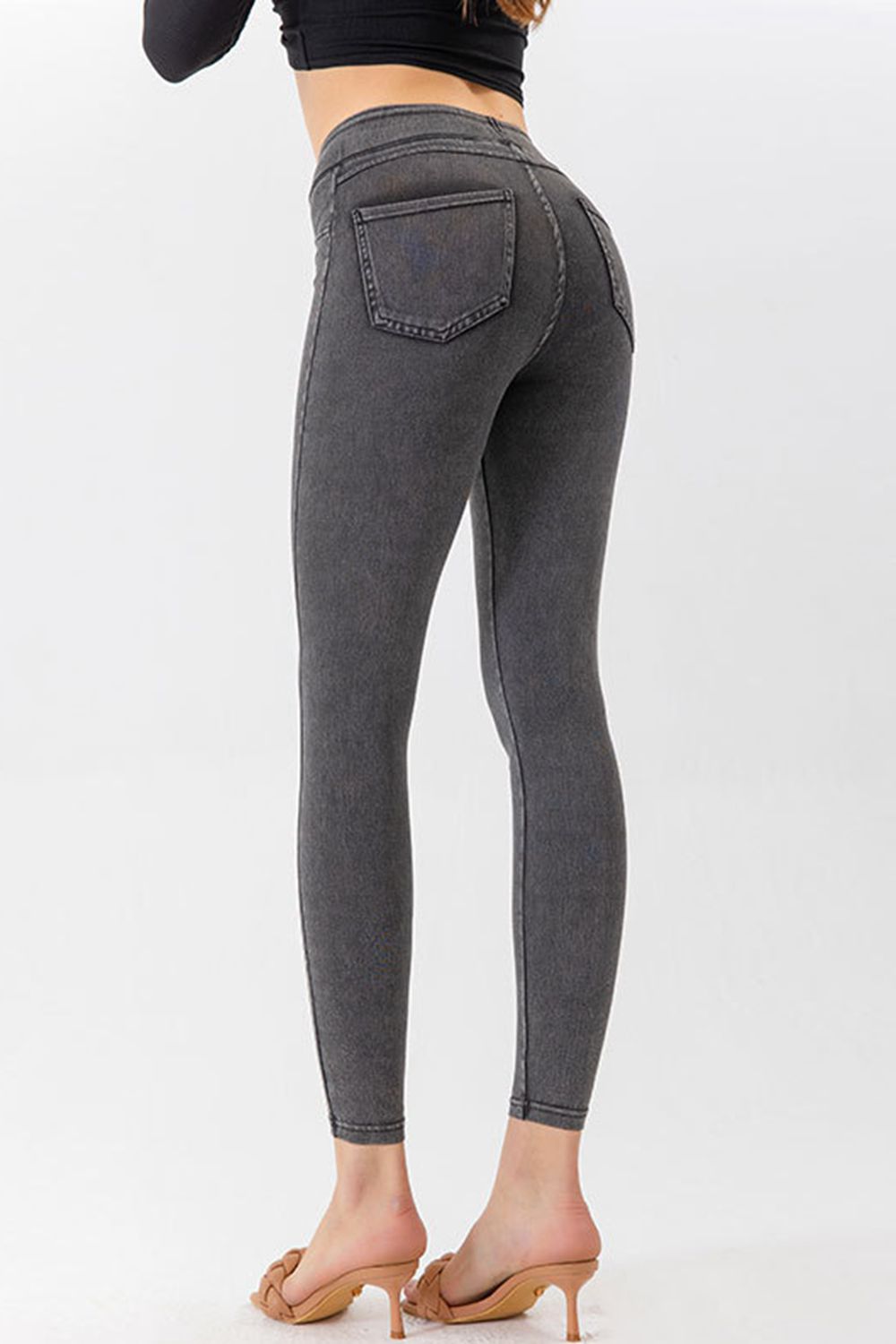 Dark gray denim-effect leggings with back pockets, ankle length