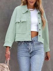 Waffle knit cropped jacket in Moss with buttoned chest pockets and collar.