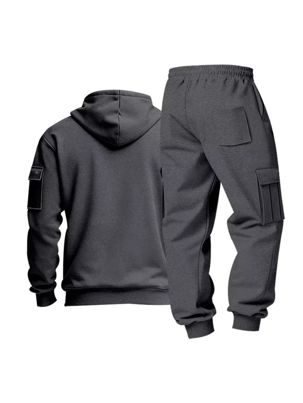 Dark gray men's cargo sweatpants and hoodie set with patch pockets.