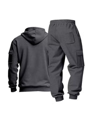 Dark gray men's cargo sweatpants and hoodie set with patch pockets.
