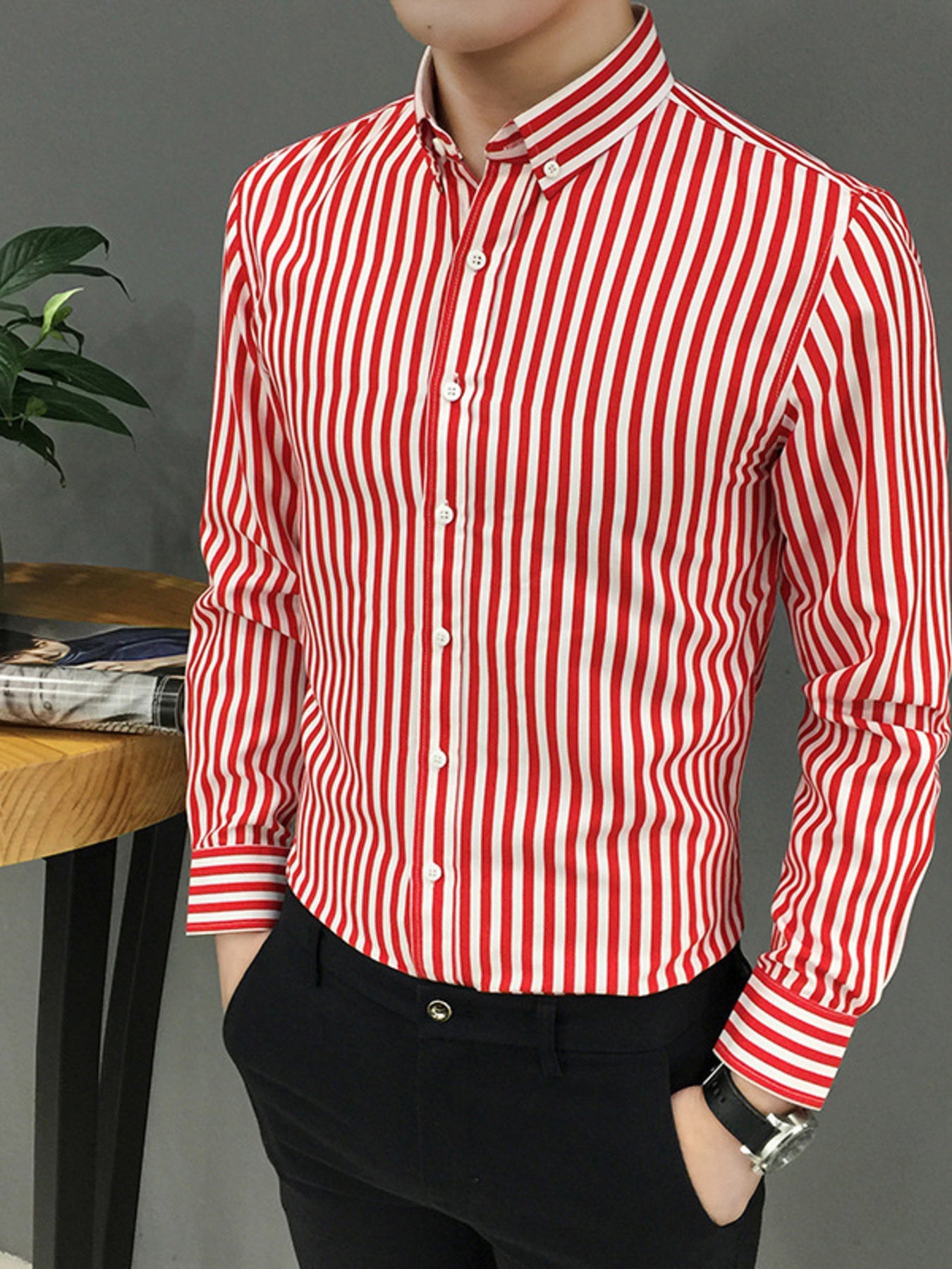 Men's red and white striped button-up shirt, cotton, casual long sleeve.