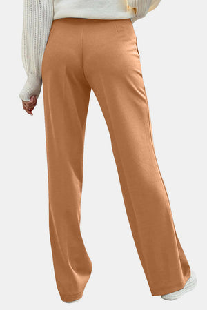 Button Detail Wide Leg Trousers in Caramel, shown from the back.