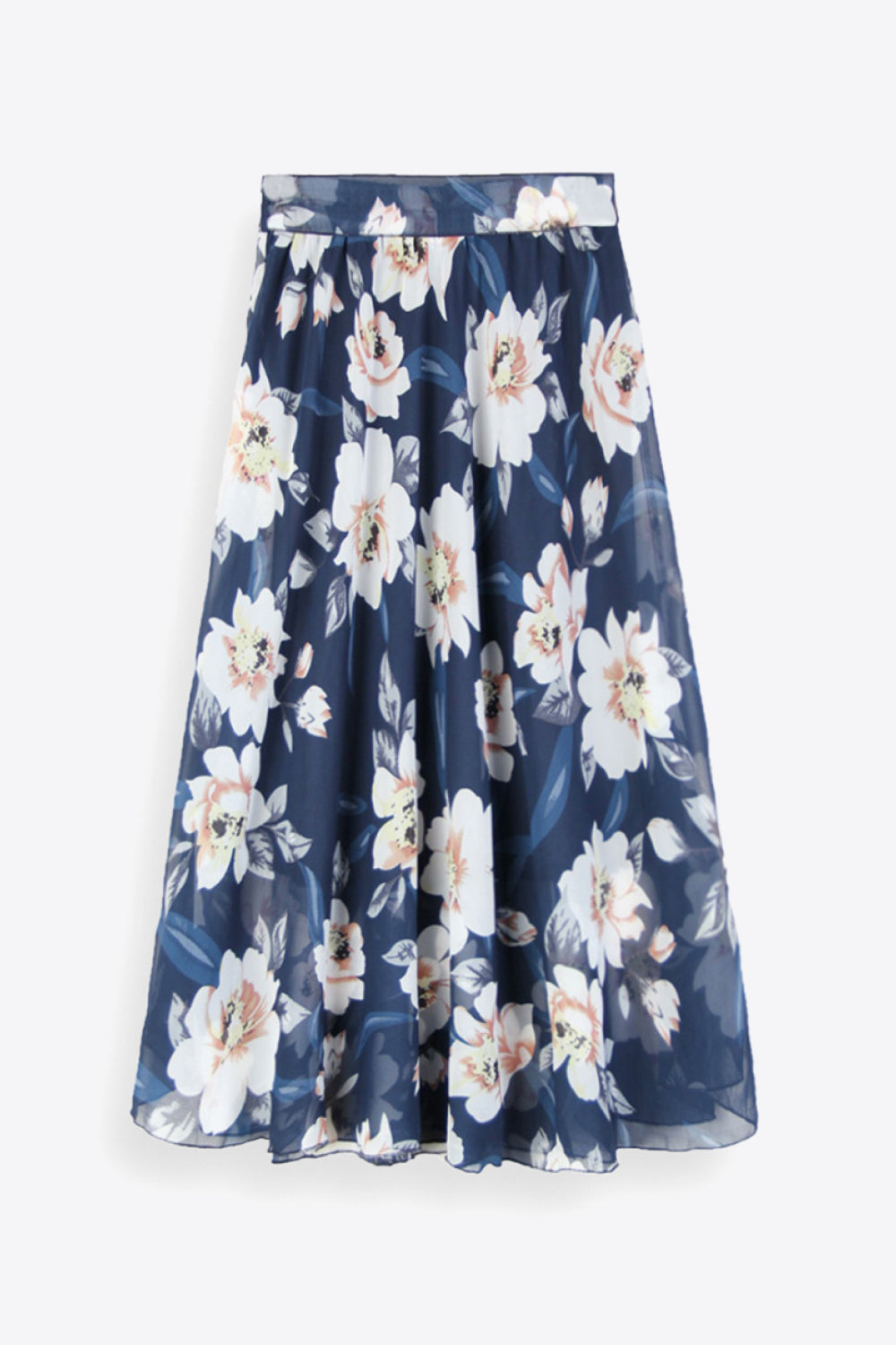 Dark Blue Chiffon Midi Skirt with Magnolia Print and Belt