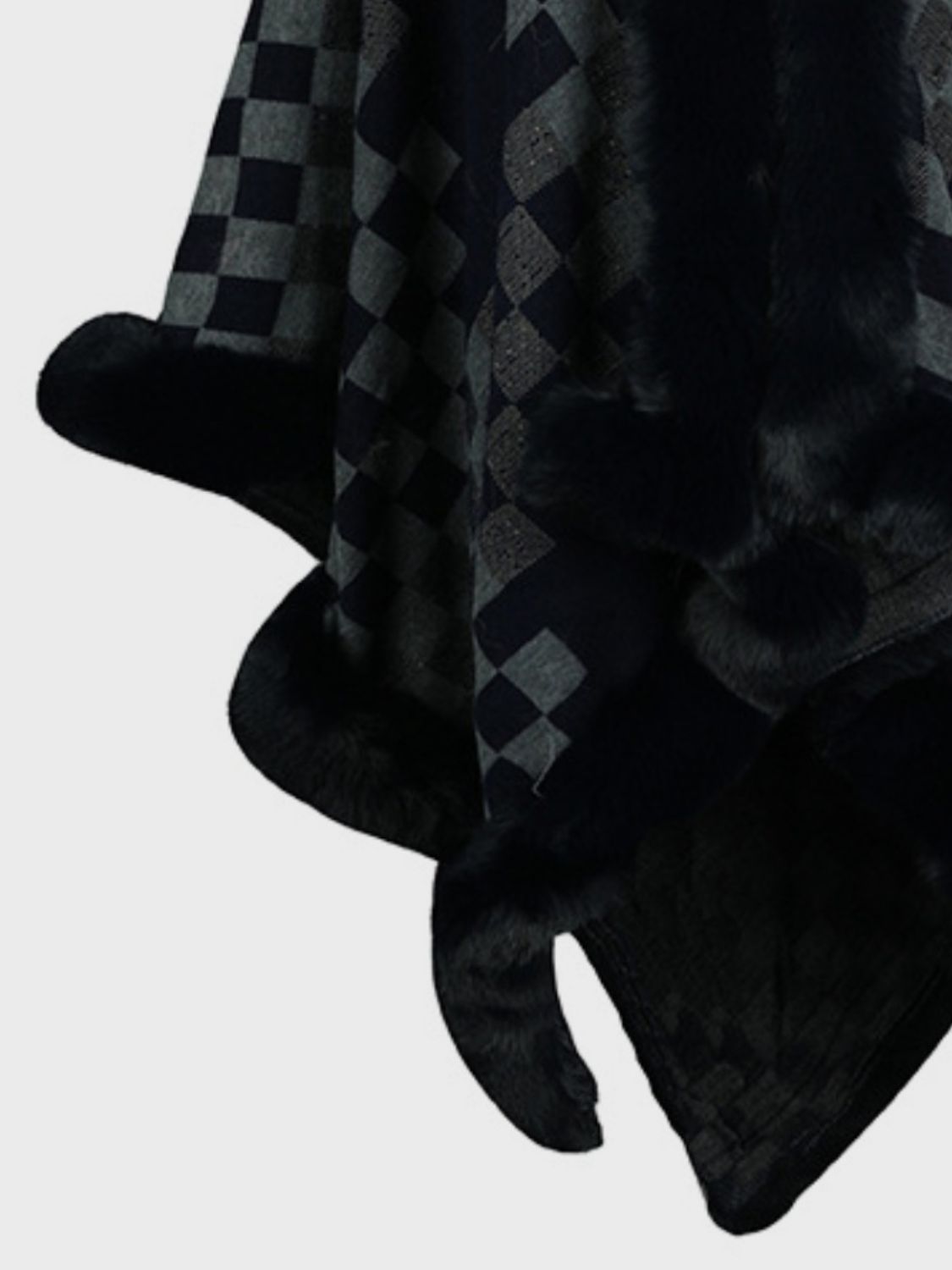 Dark Navy checkered cape with faux fur trim and argyle pattern detail.