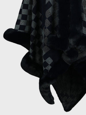 Dark Navy checkered cape with faux fur trim and argyle pattern detail.