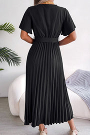Black wrap bodice midi dress with short flutter sleeves and a pleated skirt.