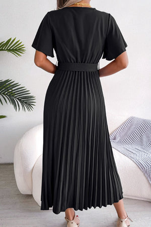 Black wrap bodice midi dress with short flutter sleeves and a pleated skirt.