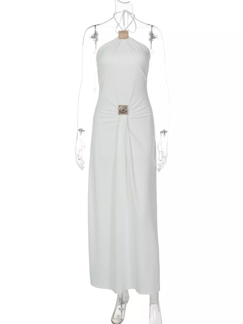 White halter neck ruched maxi dress with embellished detail at bust and waist.