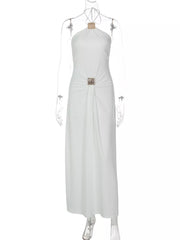 White halter neck ruched maxi dress with embellished detail at bust and waist.