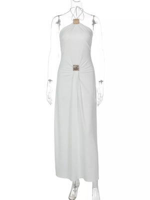 White halter neck ruched maxi dress with embellished detail at bust and waist.