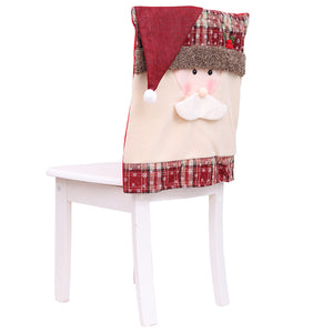 Festive Santa chair cover with red plaid trim and fuzzy trim.