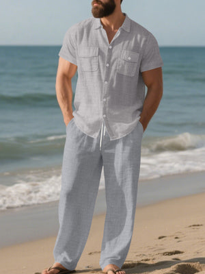 Men's Casual Button-up Shirt And Pants Set Plus Size, back view