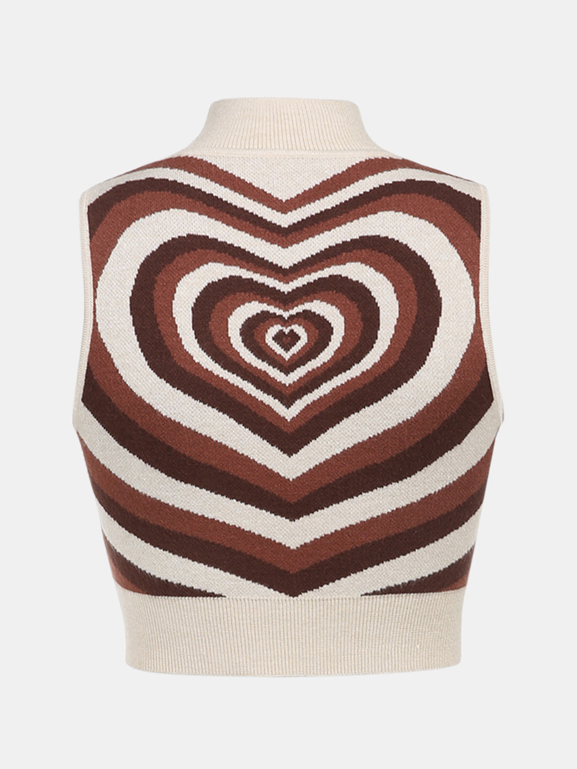 Brown knit tank top with a concentric heart pattern and mock neck.