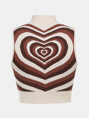 Brown knit tank top with a concentric heart pattern and mock neck.