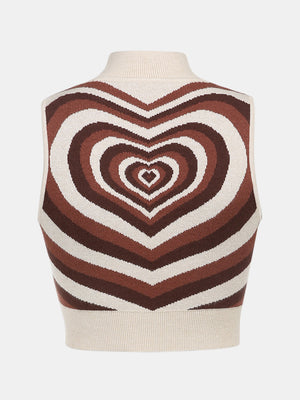 Brown knit tank top with a concentric heart pattern and mock neck.