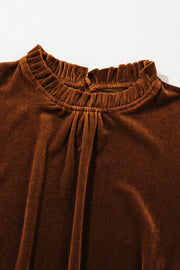 Brown velvet blouse with gathered mock neck and ruffled collar detail.