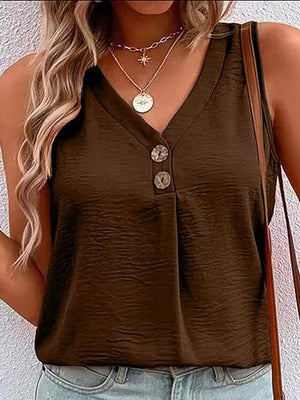 Brown textured sleeveless V-neck top with button front detail