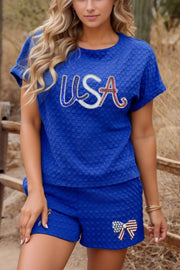 Royal blue textured USA tee and bow shorts set with patriotic details