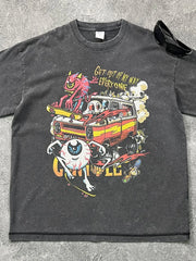Acid wash black cotton graphic tee with cartoon print and text Get Out Of My Way Everyone.