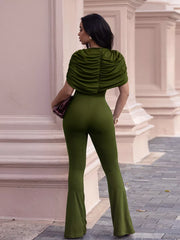 Elegant ruched romper with flared legs in Black Forest, cap sleeves, bodycon fit