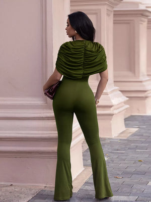 Elegant ruched romper with flared legs in Black Forest, cap sleeves, bodycon fit