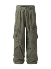 Green cargo sweatpants with multiple pockets and a relaxed fit.