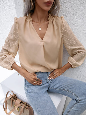 Khaki Swiss dot sleeve gathered blouse with V-neck and ruched shoulders.