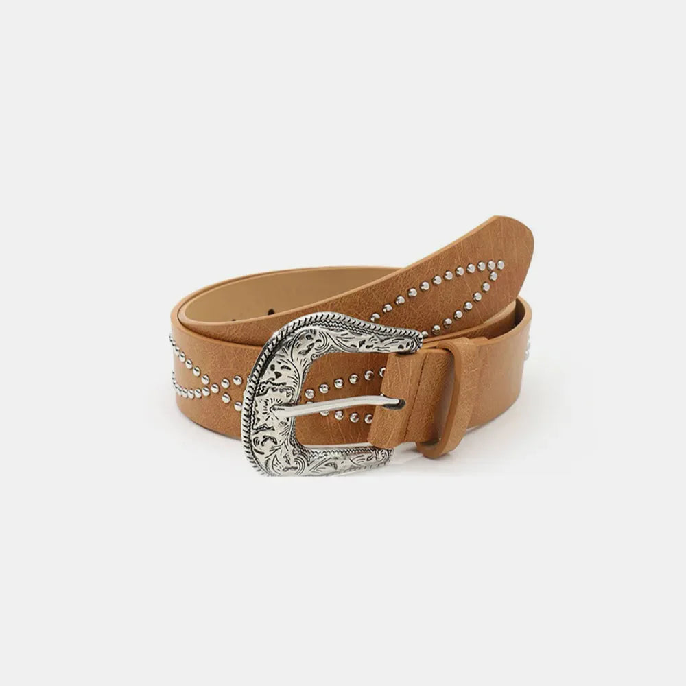 Caramel faux leather belt with silver studs and antique buckle detail