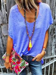 Blue Purple relaxed V-neck dolman sleeve tee with cuffed short sleeves.