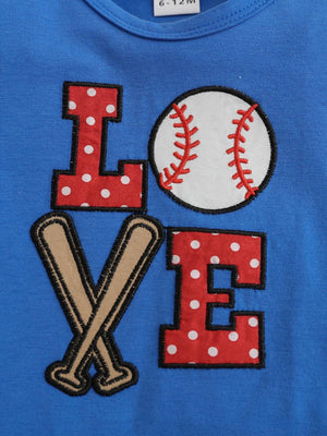 Blue cotton tee with baseball LOVE graphic and crossed bats applique