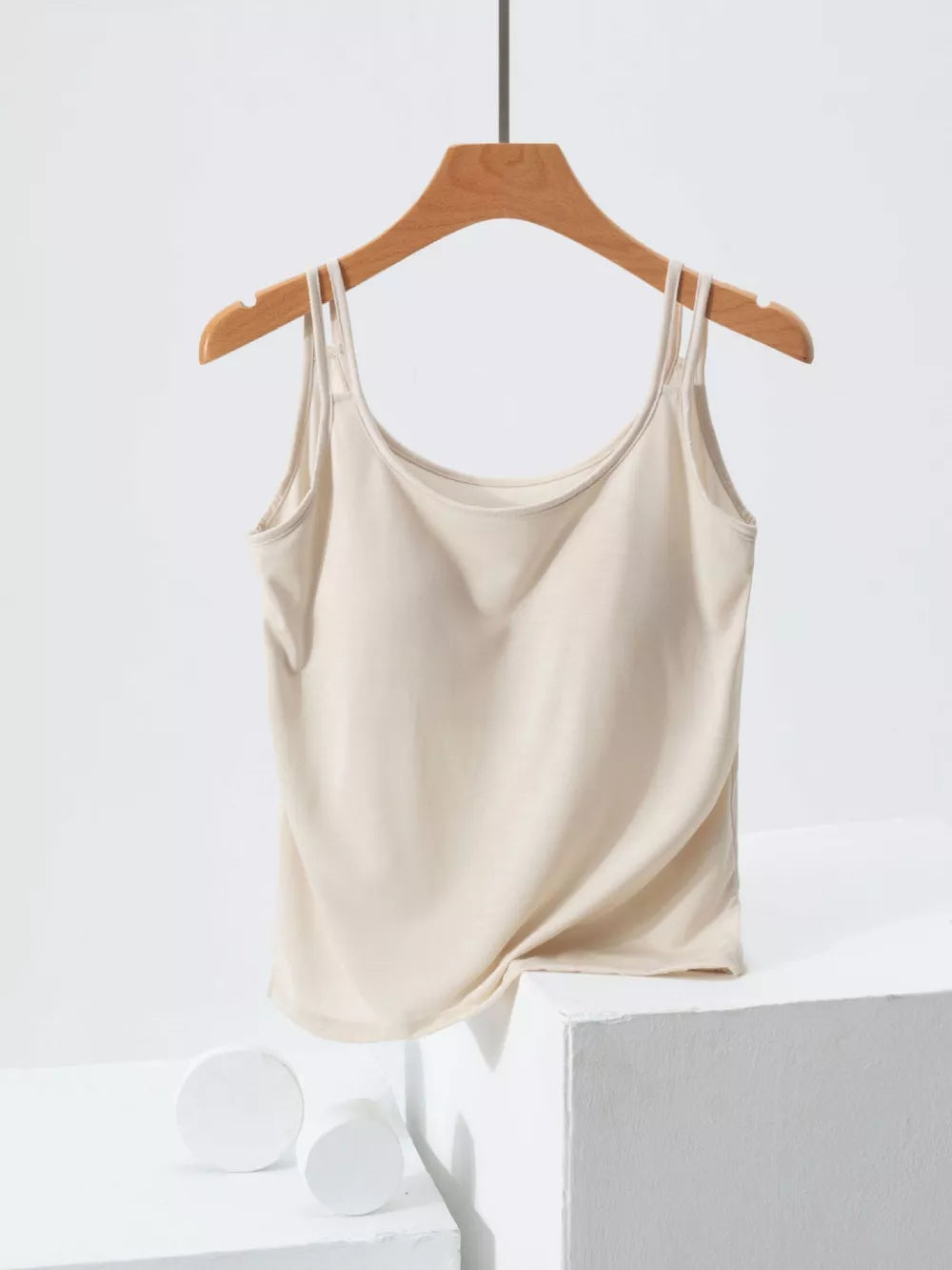 Smooth draped cami in Coconut Milk White with double spaghetti straps.