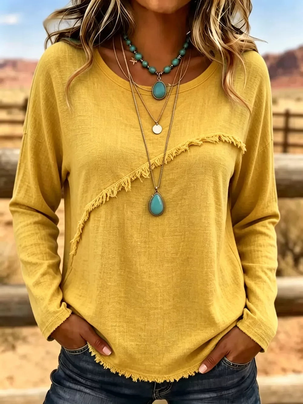 Full Size Fringe Detail Long Sleeve T-shirt Plus Size in Orange, view 11