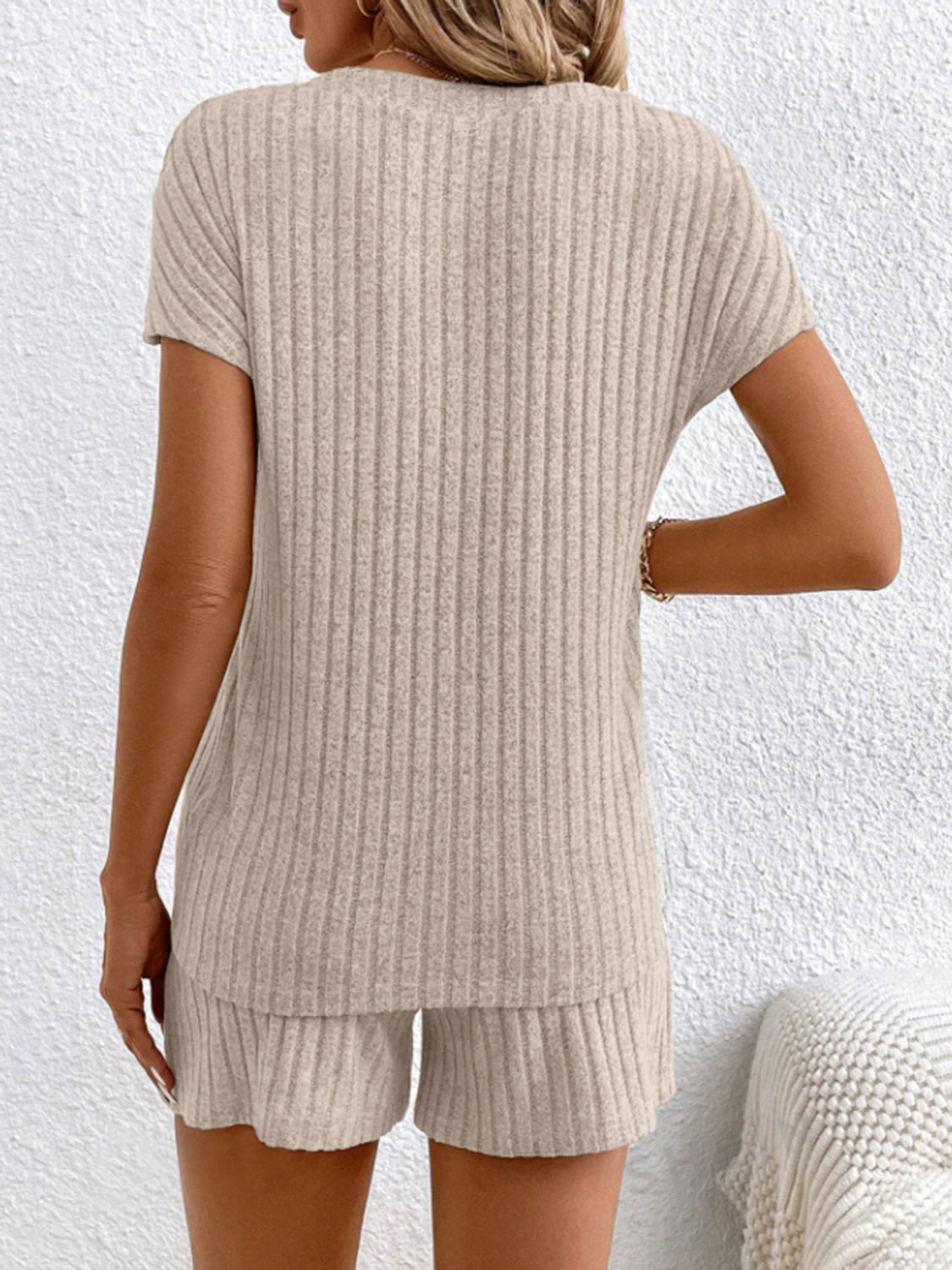 Button-down ribbed knit lounge set in Khaki, featuring a short-sleeve top and shorts.