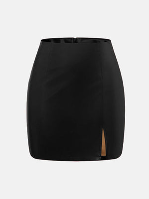 Black leatherette mini skirt with a side slit and zipper closure.