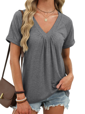 Ruched V-neck short sleeve t-shirt in dark gray, made with elastane for comfort.
