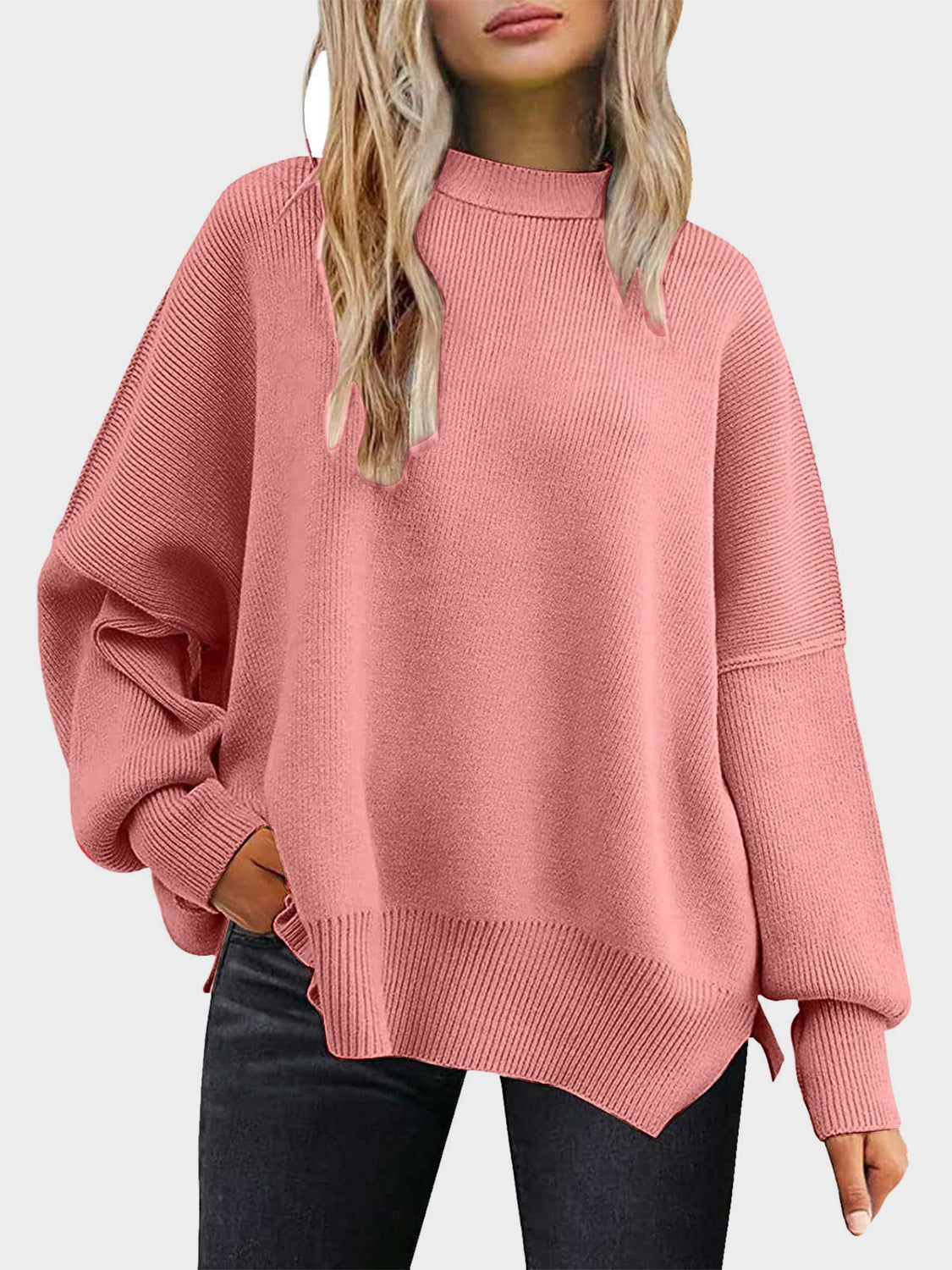 Dusty Pink oversized ribbed knit sweater with drop shoulders and mock neck.