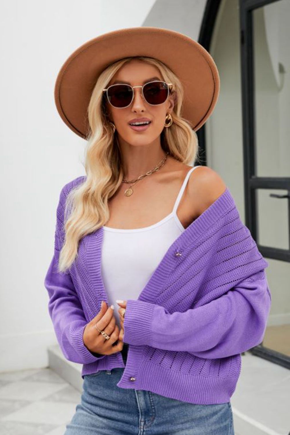 Purple textured stitch cropped V-neck cardigan with button details.