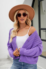 Purple textured stitch cropped V-neck cardigan with button details.