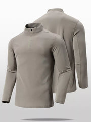 Men's mocha quarter-zip long sleeve active t-shirt with a mock neck.