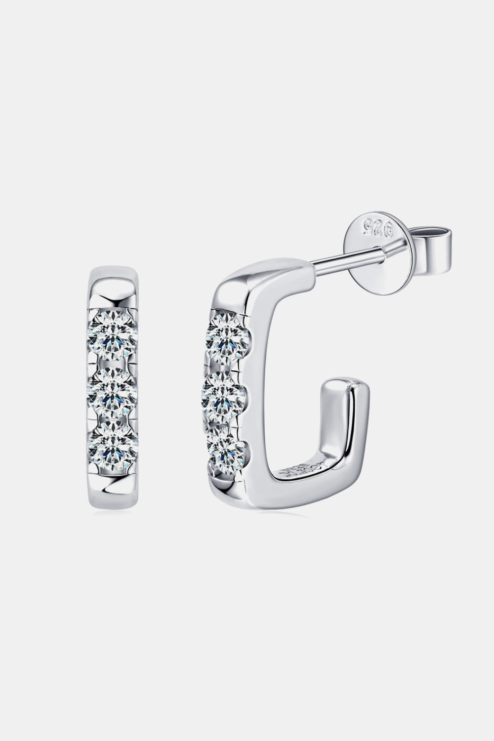Silver square pavé moissanite hoop earrings with three stones each.