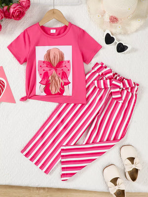 Pink bowknot graphic tee with knotted hem and pink striped pants with bow detail