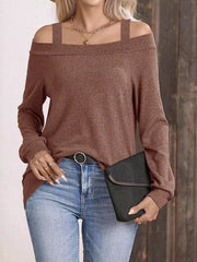 Cold Shoulder Long Sleeve T-shirt in Brown, side view