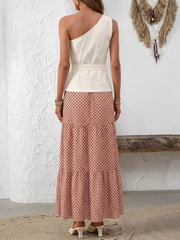 Cream one-shoulder top with belt and geometric print maxi skirt set
