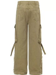 Apricot cargo pants with buckle detail, pockets, and distressed frayed hems.